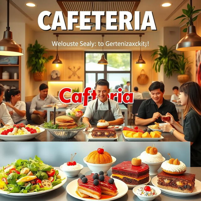 A vibrant and inviting advertisement for a cafeteria, showcasing a variety of delicious dishes including fresh salads, hearty sandwiches, and colorful desserts displayed appealingly