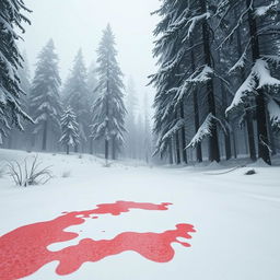 A serene, snowy forest scene, showcasing tall pine trees blanketed in thick snow, with soft white flakes gently falling from the sky
