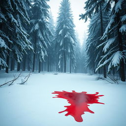 A serene, snowy forest scene, showcasing tall pine trees blanketed in thick snow, with soft white flakes gently falling from the sky