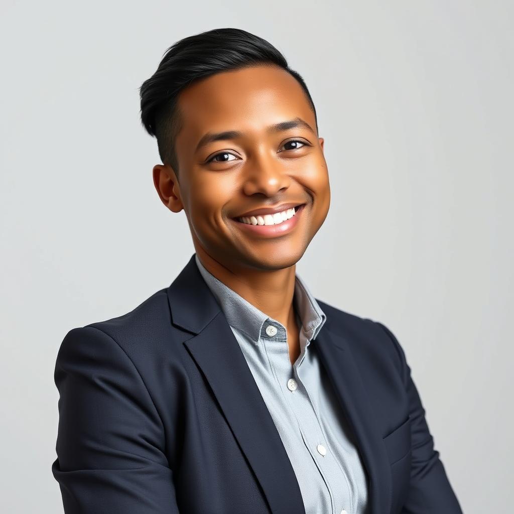 A professional and polished headshot of a confident individual, wearing a smart business attire, with a friendly smile, against a neutral background