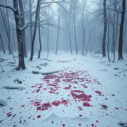 A snowy forest scene featuring a bloodied area from a hunt, with no visible hunters or animals