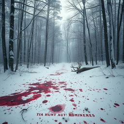 A snowy forest scene featuring a bloodied area from a hunt, with no visible hunters or animals