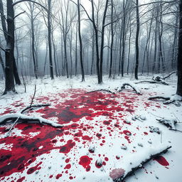 A snowy forest scene featuring a bloodied area from a hunt, with no visible hunters or animals