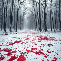 A snowy forest scene featuring a bloodied area from a hunt, with no visible hunters or animals