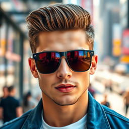 A close-up portrait of a stylish young man with a cool demeanor, wearing fashionable sunglasses that reflect the vibrant city skyline