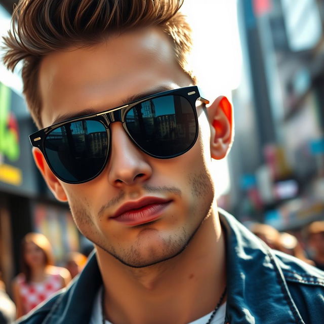 A close-up portrait of a stylish young man with a cool demeanor, wearing fashionable sunglasses that reflect the vibrant city skyline