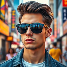 A close-up portrait of a stylish young man with a cool demeanor, wearing fashionable sunglasses that reflect the vibrant city skyline