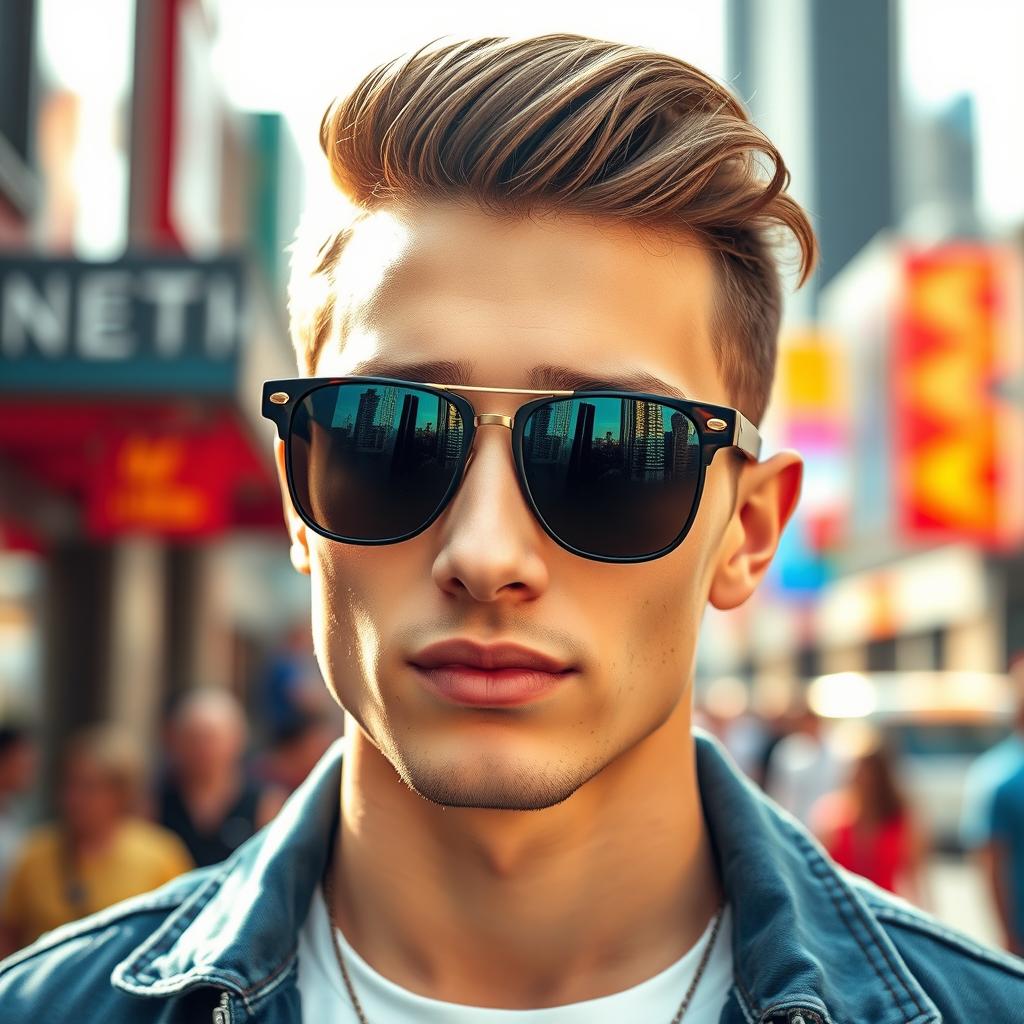 A close-up portrait of a stylish young man with a cool demeanor, wearing fashionable sunglasses that reflect the vibrant city skyline