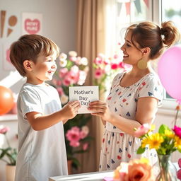 A heartwarming scene depicting a young boy joyfully congratulating his mother on Mother's Day