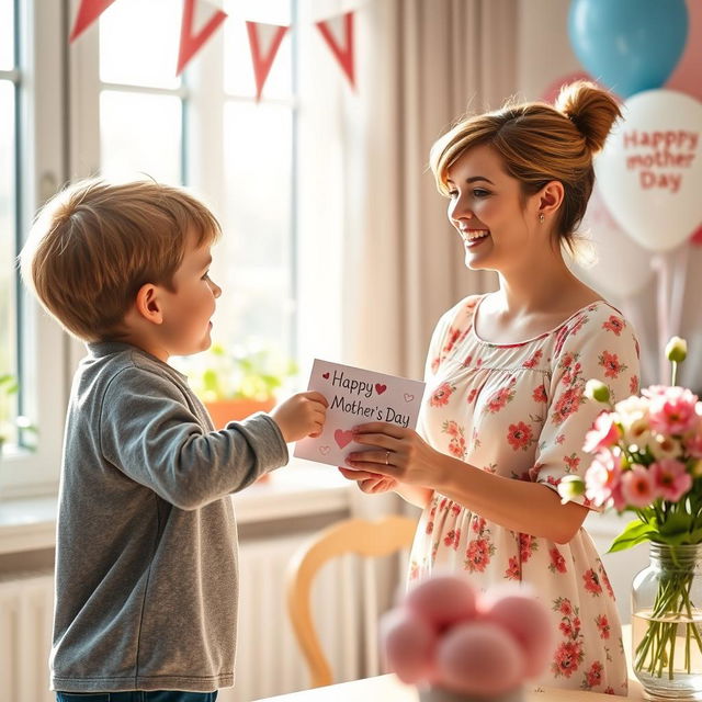 A heartwarming scene depicting a young boy joyfully congratulating his mother on Mother's Day