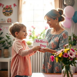 A heartwarming scene depicting a young boy joyfully congratulating his mother on Mother's Day