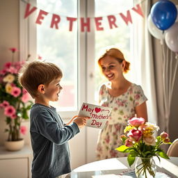 A heartwarming scene depicting a young boy joyfully congratulating his mother on Mother's Day