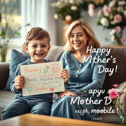 A heartwarming scene of a young boy enthusiastically congratulating his mother on Mother's Day