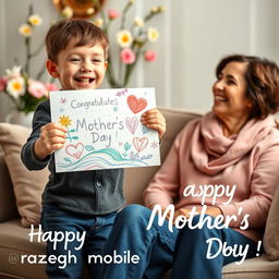 A heartwarming scene of a young boy enthusiastically congratulating his mother on Mother's Day