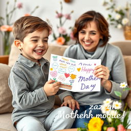 A heartwarming scene of a young boy enthusiastically congratulating his mother on Mother's Day