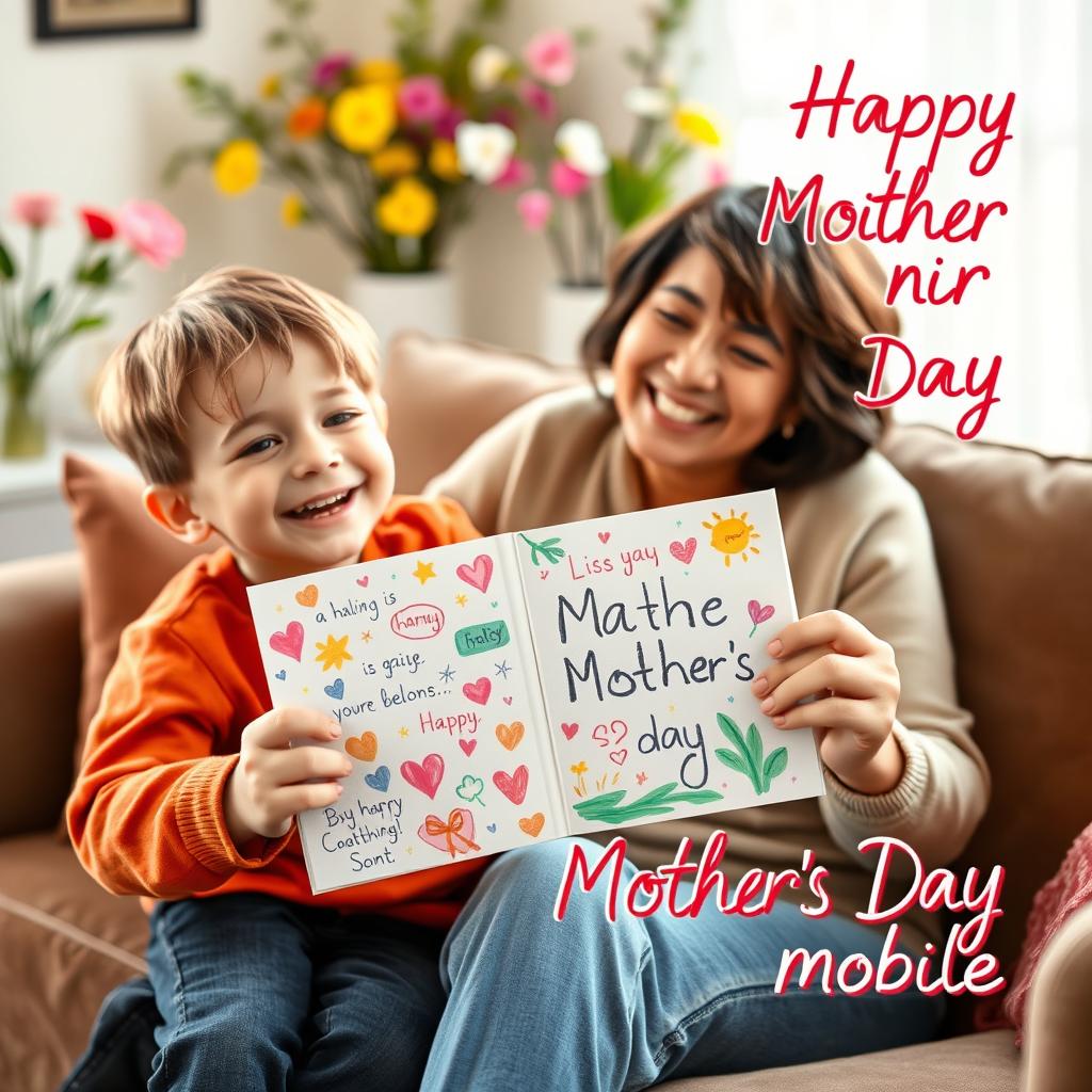 A heartwarming scene of a young boy enthusiastically congratulating his mother on Mother's Day