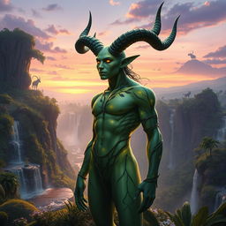 A humanoid figure with majestic horns, exuding an aura of mystique and strength, set against a vivid fantasy landscape filled with lush greenery and sparkling waterfalls