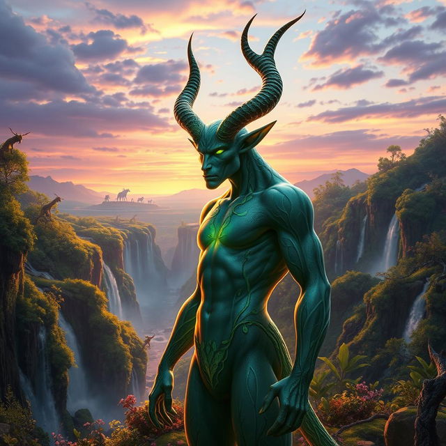 A humanoid figure with majestic horns, exuding an aura of mystique and strength, set against a vivid fantasy landscape filled with lush greenery and sparkling waterfalls