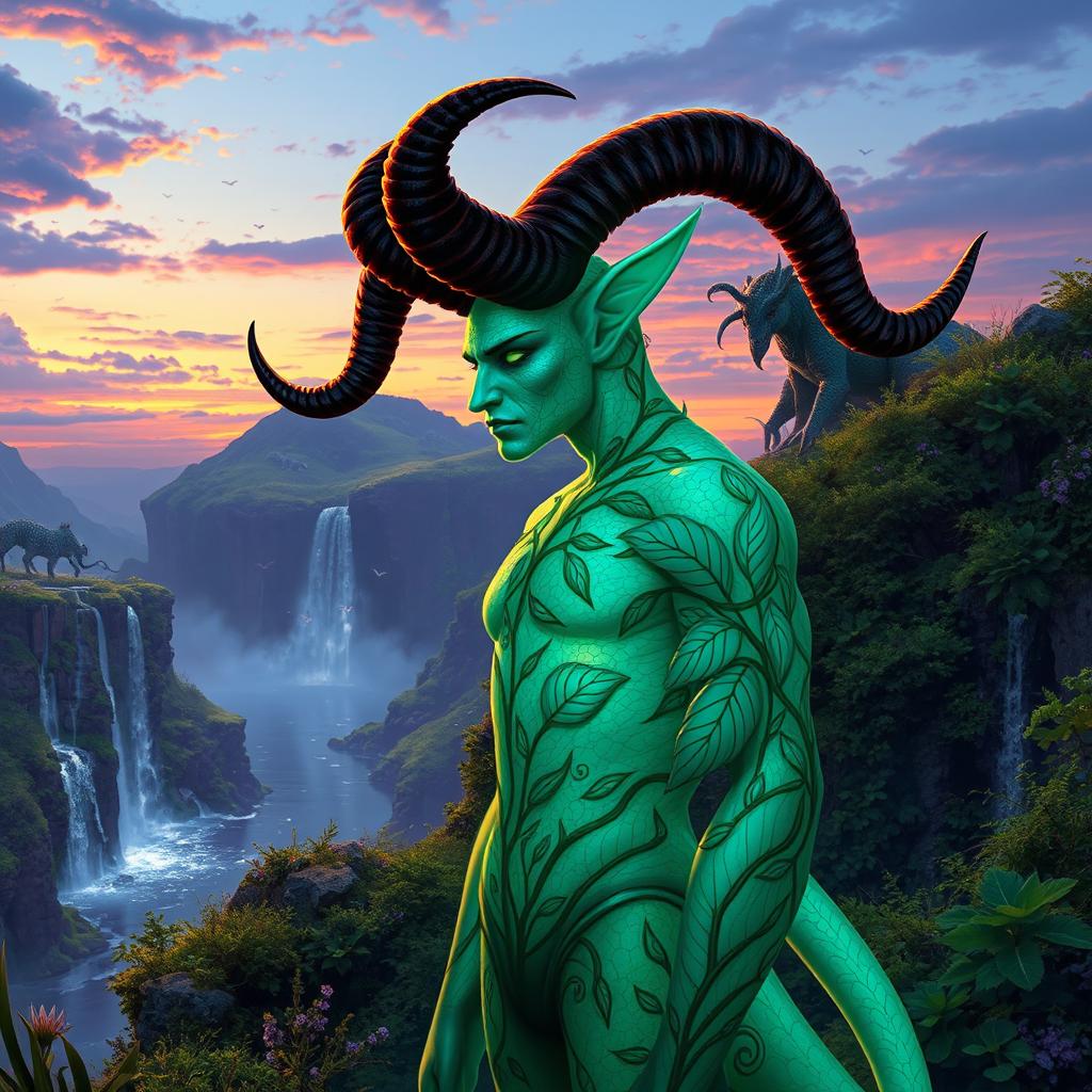 A humanoid figure with majestic horns, exuding an aura of mystique and strength, set against a vivid fantasy landscape filled with lush greenery and sparkling waterfalls