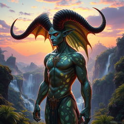 A humanoid figure with majestic horns, exuding an aura of mystique and strength, set against a vivid fantasy landscape filled with lush greenery and sparkling waterfalls