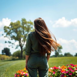 A serene outdoor scene on a sunny day, featuring a lush green park with vibrant flowers