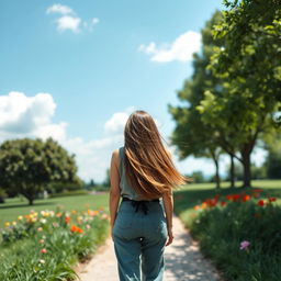 A serene outdoor scene on a sunny day, featuring a lush green park with vibrant flowers
