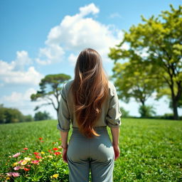 A serene outdoor scene on a sunny day, featuring a lush green park with vibrant flowers