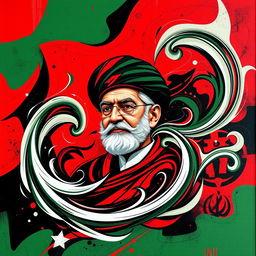 An abstract artistic interpretation of Qasem Soleimani, featuring dynamic swirling shapes and bold colors that capture the essence of his presence and influence
