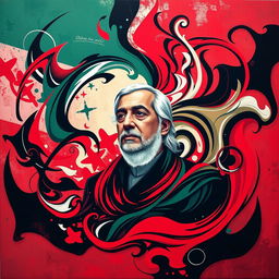An abstract artistic interpretation of Qasem Soleimani, featuring dynamic swirling shapes and bold colors that capture the essence of his presence and influence