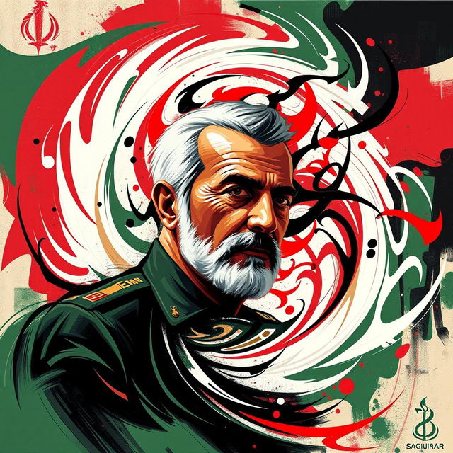 An abstract artistic interpretation of Qasem Soleimani, featuring dynamic swirling shapes and bold colors that capture the essence of his presence and influence