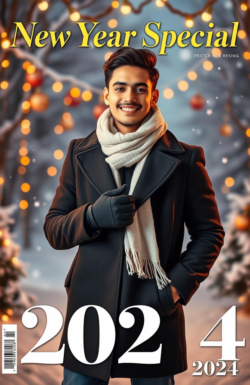 A young man dressed in a stylish winter outfit, featuring a sleek black coat, cozy white scarf, and fashionable gloves, confidently posing in front of a snowy winter backdrop