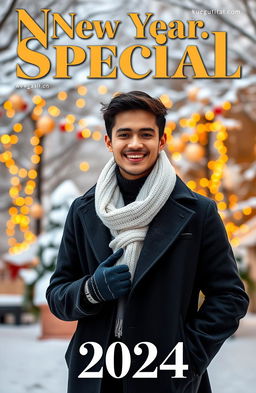 A young man dressed in a stylish winter outfit, featuring a sleek black coat, cozy white scarf, and fashionable gloves, confidently posing in front of a snowy winter backdrop