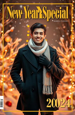 A young man dressed in a stylish winter outfit, featuring a sleek black coat, cozy white scarf, and fashionable gloves, confidently posing in front of a snowy winter backdrop