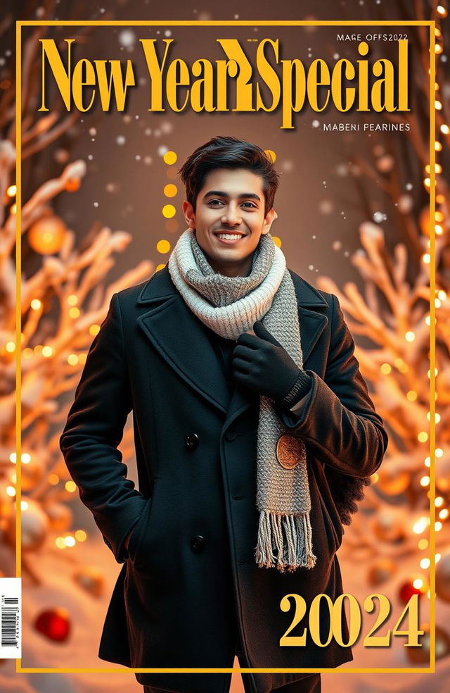 A young man dressed in a stylish winter outfit, featuring a sleek black coat, cozy white scarf, and fashionable gloves, confidently posing in front of a snowy winter backdrop