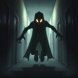 A tall, shadowy creature with elongated arms and glowing eyes, inspired by the character Rush from Roblox DOORS