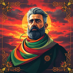 An abstract representation of Qasem Soleimani, stylized as a heroic figure embodying strength and resilience