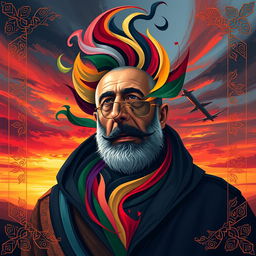 An abstract representation of Qasem Soleimani, stylized as a heroic figure embodying strength and resilience