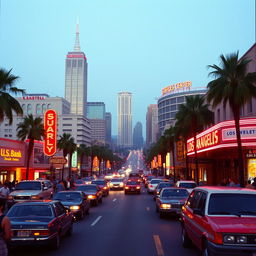 A vibrant and nostalgic view of Los Angeles in 1992, capturing the essence of the city during this era