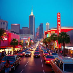 A vibrant and nostalgic view of Los Angeles in 1992, capturing the essence of the city during this era