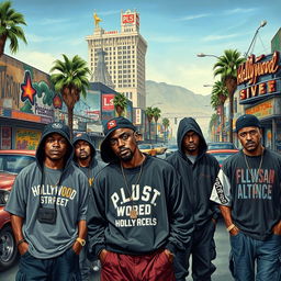 A detailed and gritty depiction of Los Angeles in 1992, focusing on Hollywood Street with gang members prominently featured