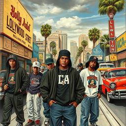 A detailed and gritty depiction of Los Angeles in 1992, focusing on Hollywood Street with gang members prominently featured