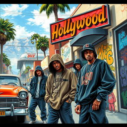 A detailed and gritty depiction of Los Angeles in 1992, focusing on Hollywood Street with gang members prominently featured