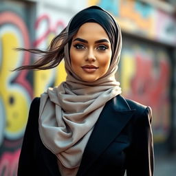 A fashionable and confident Muslim woman wearing a stylish hijab, expertly blending modern and traditional styles