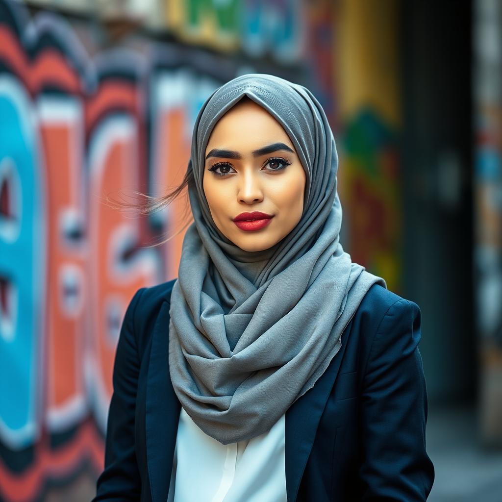 A fashionable and confident Muslim woman wearing a stylish hijab, expertly blending modern and traditional styles