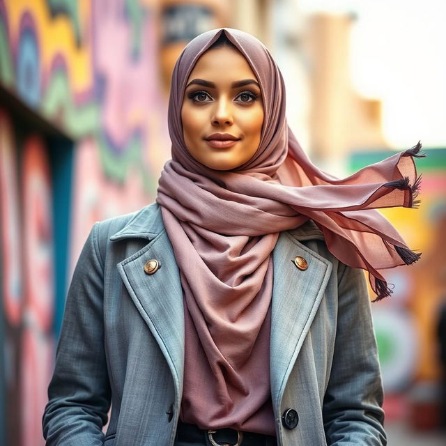 A fashionable and confident Muslim woman wearing a stylish hijab, expertly blending modern and traditional styles