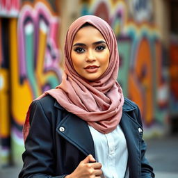 A fashionable and confident Muslim woman wearing a stylish hijab, expertly blending modern and traditional styles