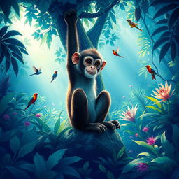 A monkey sitting in the heart of a vibrant blue forest, filled with lush greenery and exotic plants