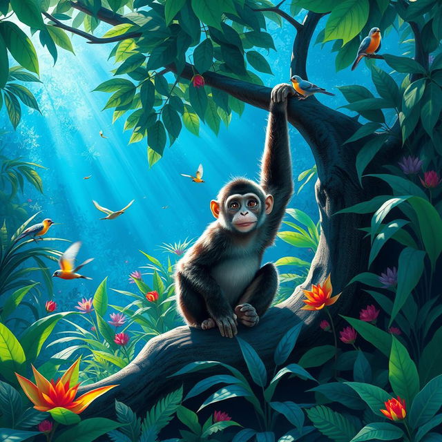 A monkey sitting in the heart of a vibrant blue forest, filled with lush greenery and exotic plants