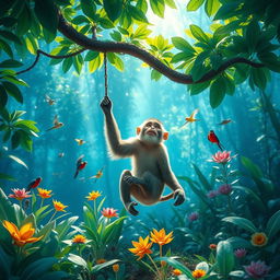 A monkey sitting in the heart of a vibrant blue forest, filled with lush greenery and exotic plants