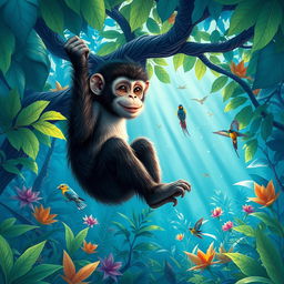 A monkey sitting in the heart of a vibrant blue forest, filled with lush greenery and exotic plants